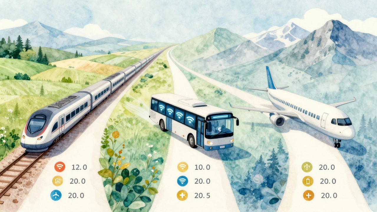 Художественное изображение трех способов путешествия по Европе: поезд, автобус и самолет.