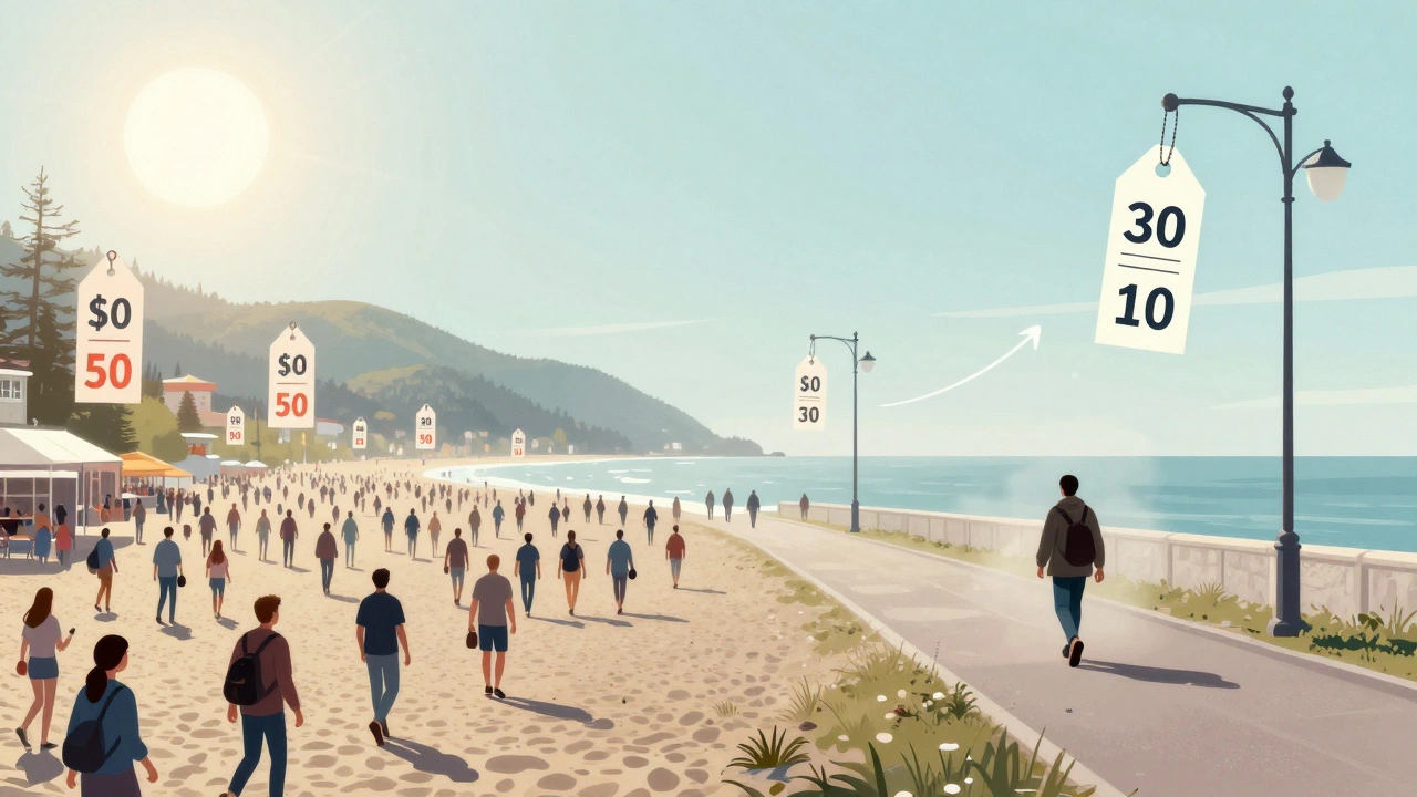 Контраст: переполненный пляж в июле и пустой берег в апреле — цена вдвое ниже.