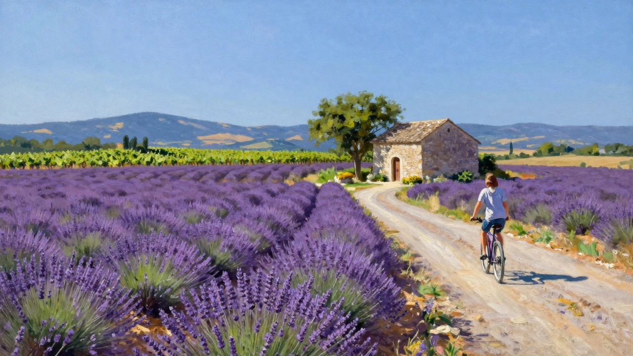 Лавандовые поля Прованса с фермой и велосипедистом на дороге, уходящей в горы.