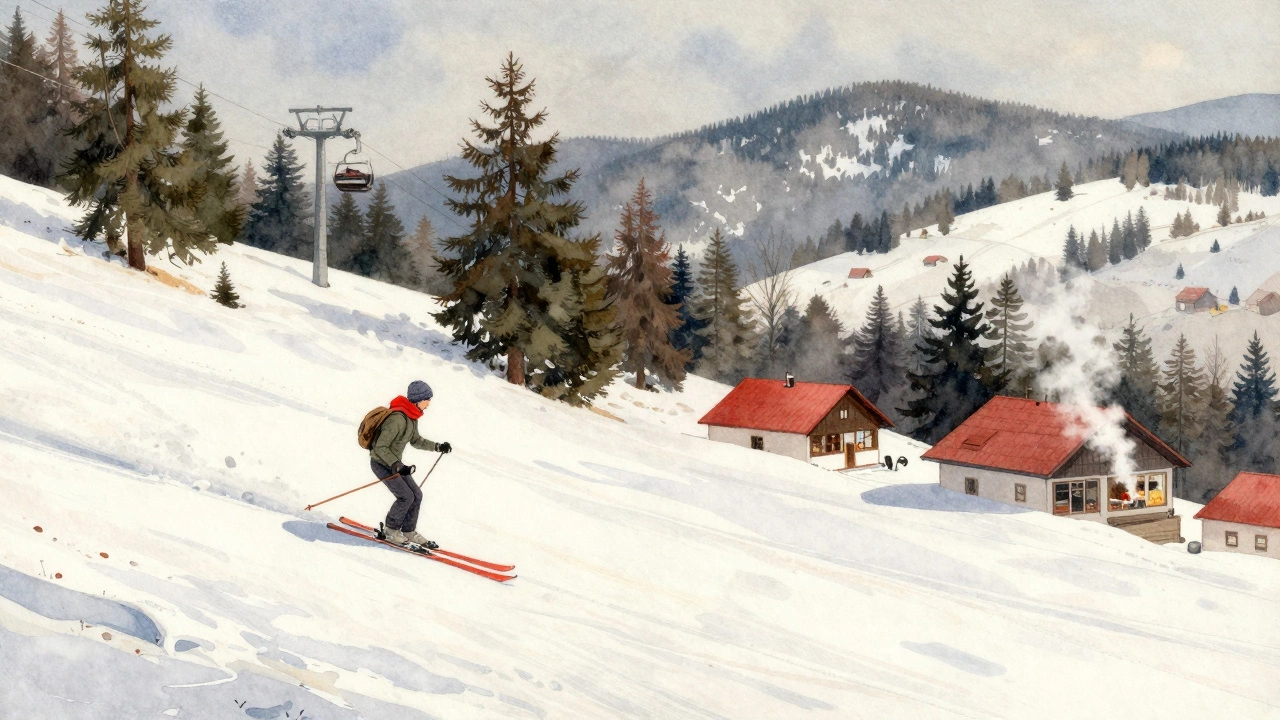 Лыжник спускается по тихому склону в Румынии, видны деревянные подъёмники и традиционные дома.