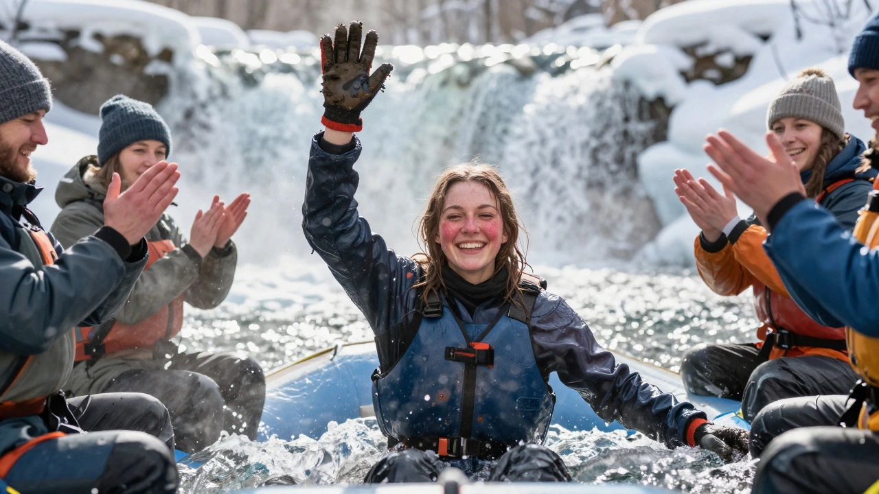 Молодая женщина выходит из ледяной реки после рафтинга, улыбается, друзья вокруг одобряют.