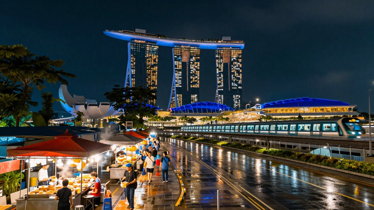Ночная Марина Бей Сандс в Сингапуре, уличные прилавки и чистые улицы с отражениями неона.