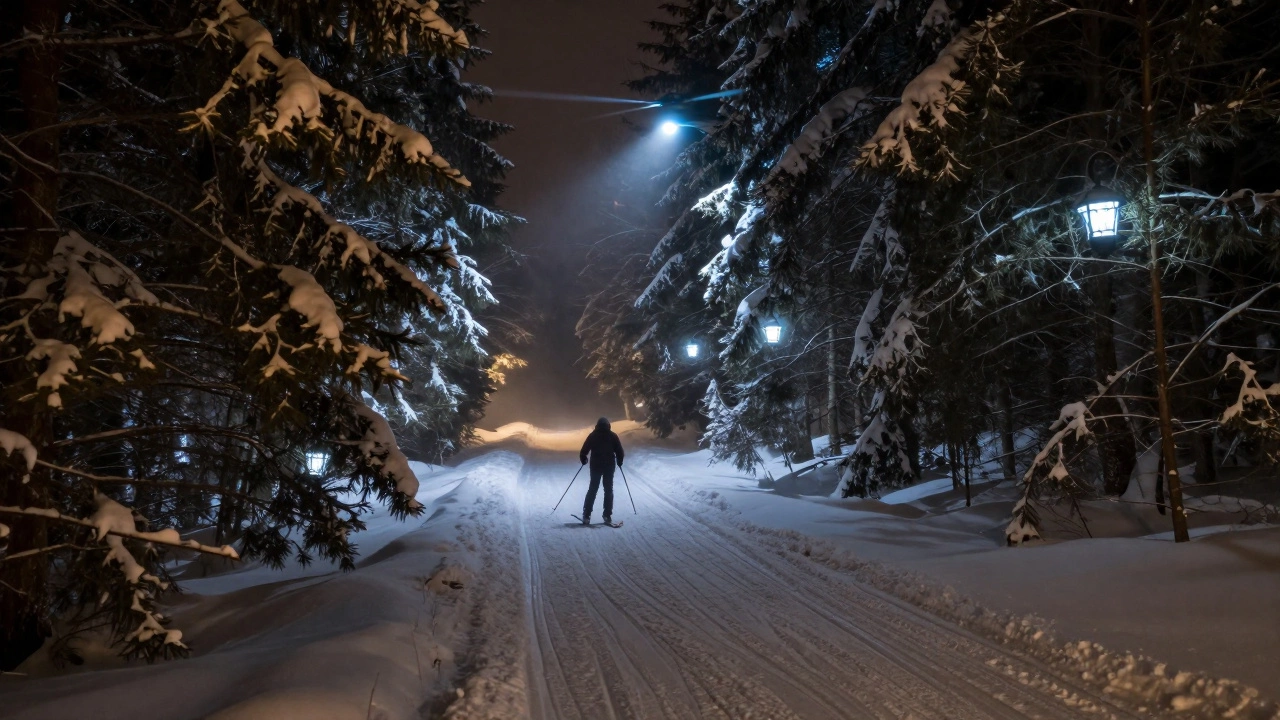 Ночной лыжный маршрут через лес с подсвечеными деревьями, снег слабо светится в ультрафиолете.