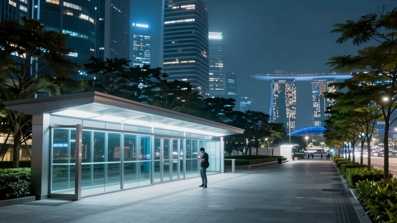 Ночной Сингапур: чистый метро-станция и упорядоченный городской пейзаж под неоновыми огнями.