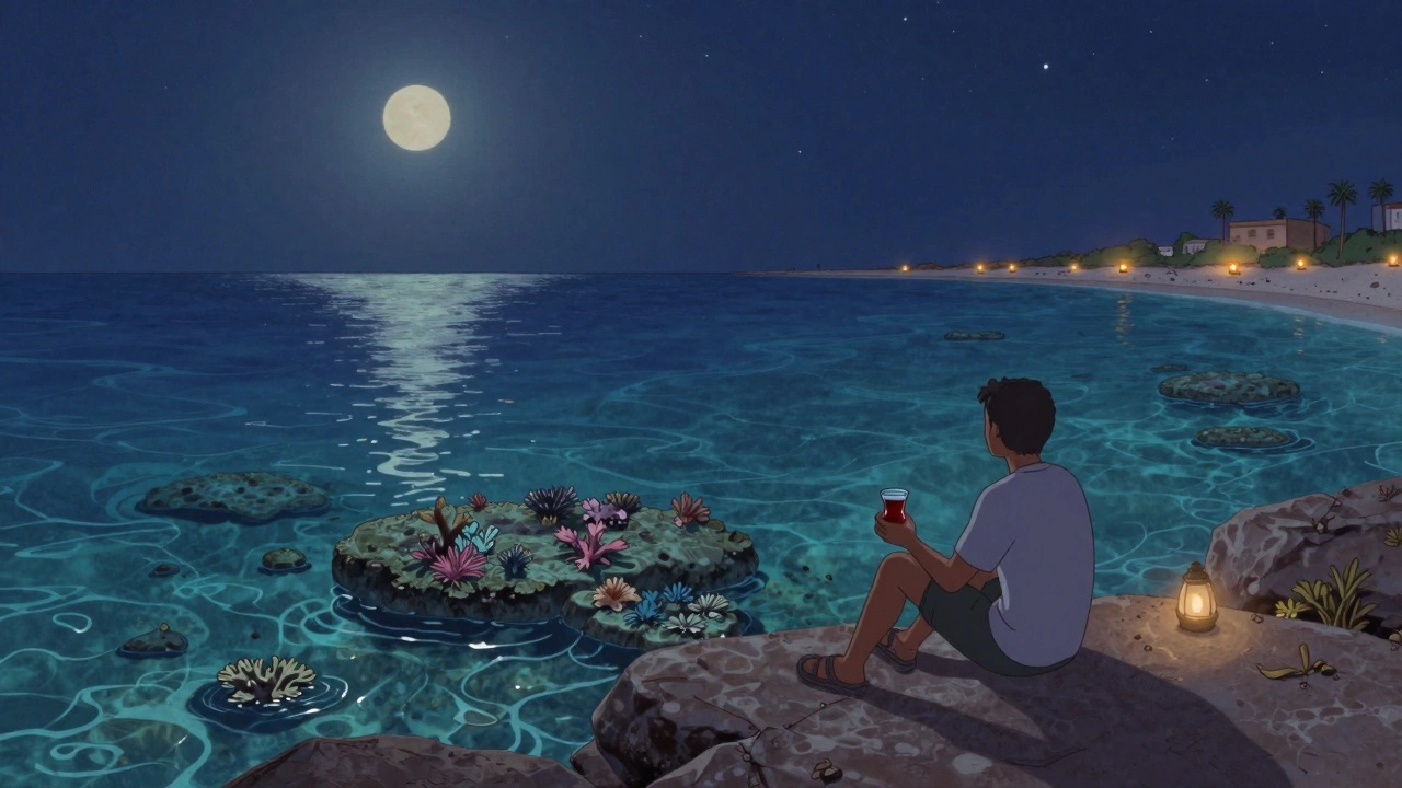 Путешественник на берегу Красного моря под звездным небом.