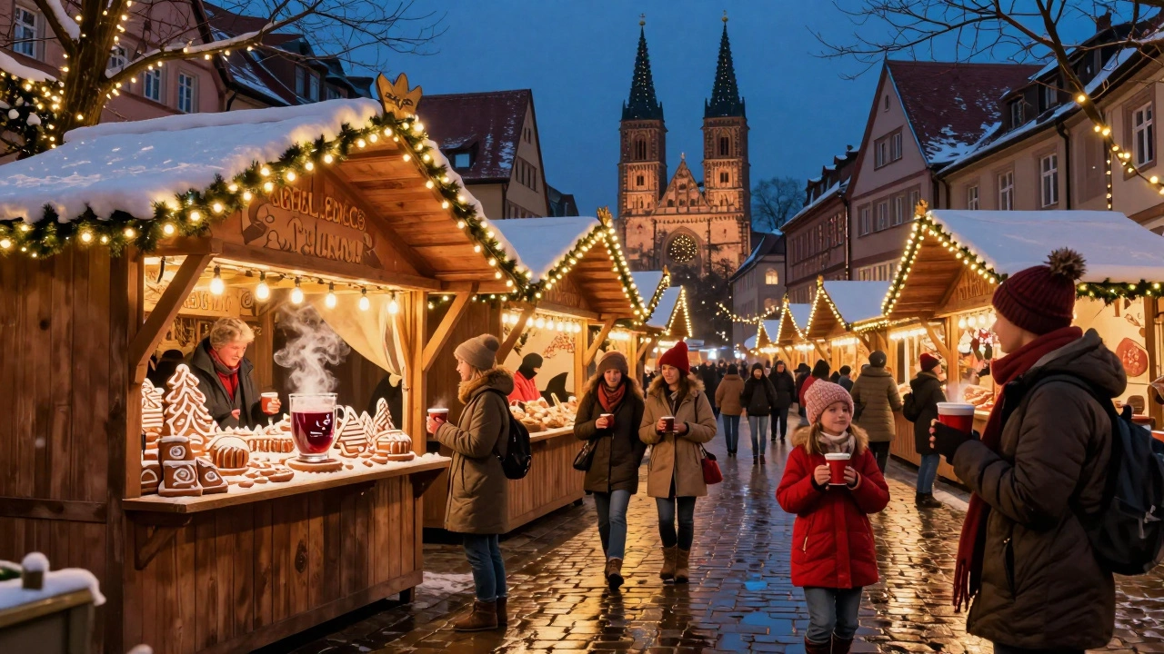 Рождественский рынок в Нюрнберге в декабре с огнями, снегом и атмосферой сказки.