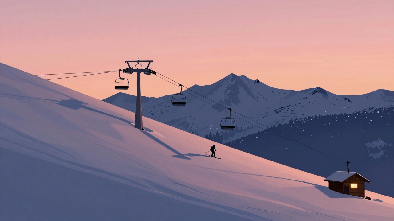 Силуэт лыжника на закате в Боснии, одинокий подъёмник и тихая горная долина.