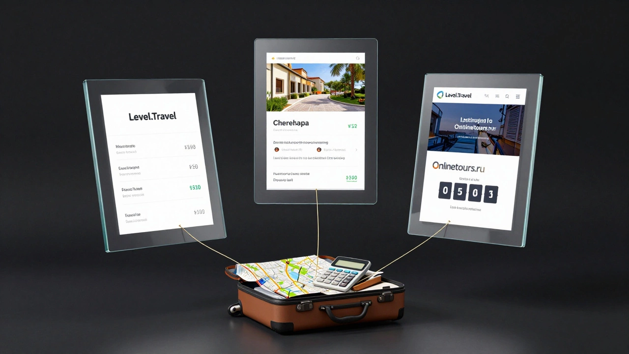 Три платформы для бронирования туров в виде прозрачных панелей с ценами и сроками.