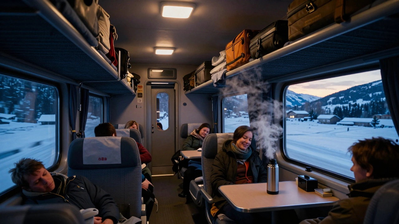 Уютное ночное купе поезда с спящими пассажирами и рассветом за окном.