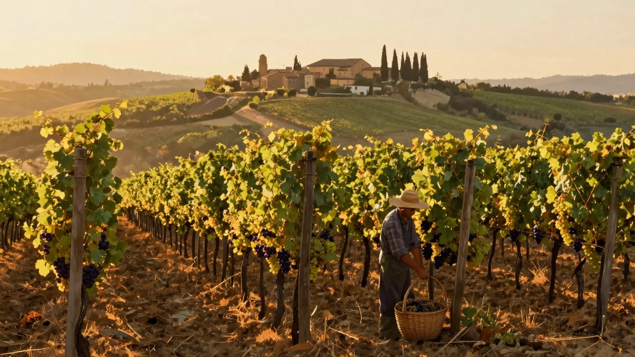 Виноградник в Тоскане в сентябре, фермер собирает виноград в золотистом свете заката.