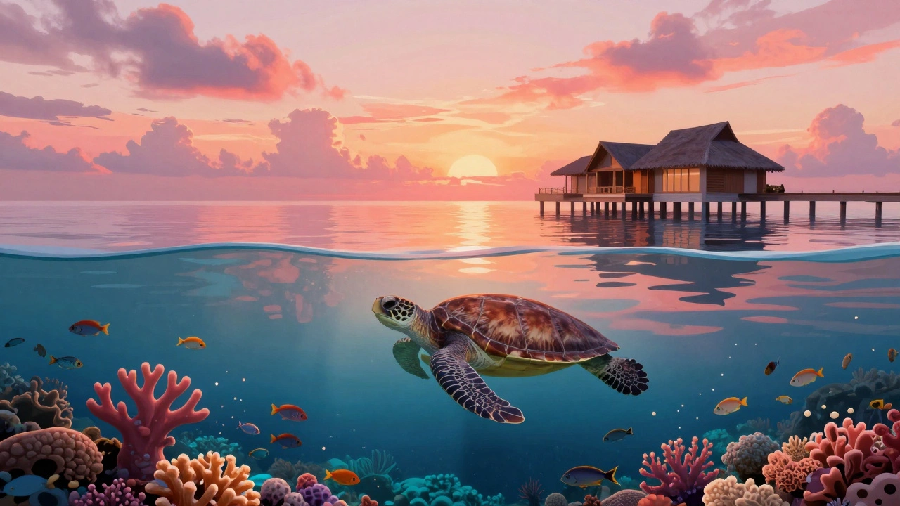 Закат над Мальдивами: океан как зеркало, черепаха и кораллы в прозрачной воде.