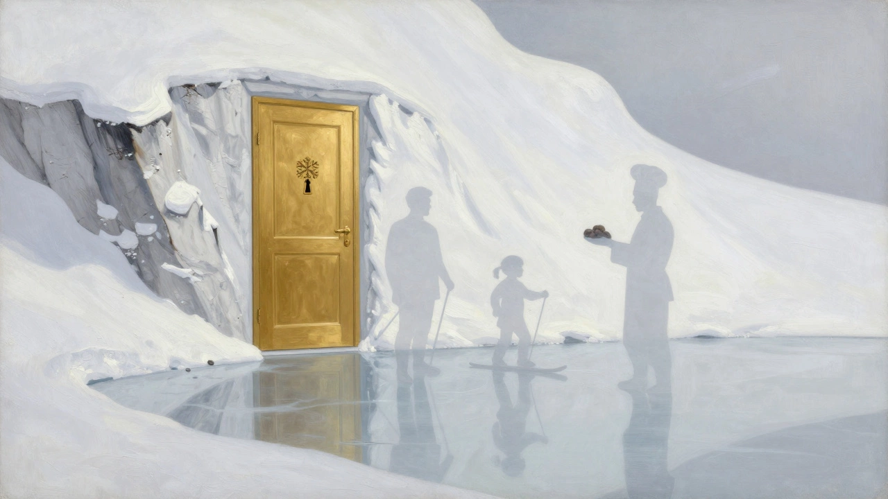 Золотая дверь в снегу с ключом-снежинкой, отражение гостей в ледяной поверхности — символ исключительности.