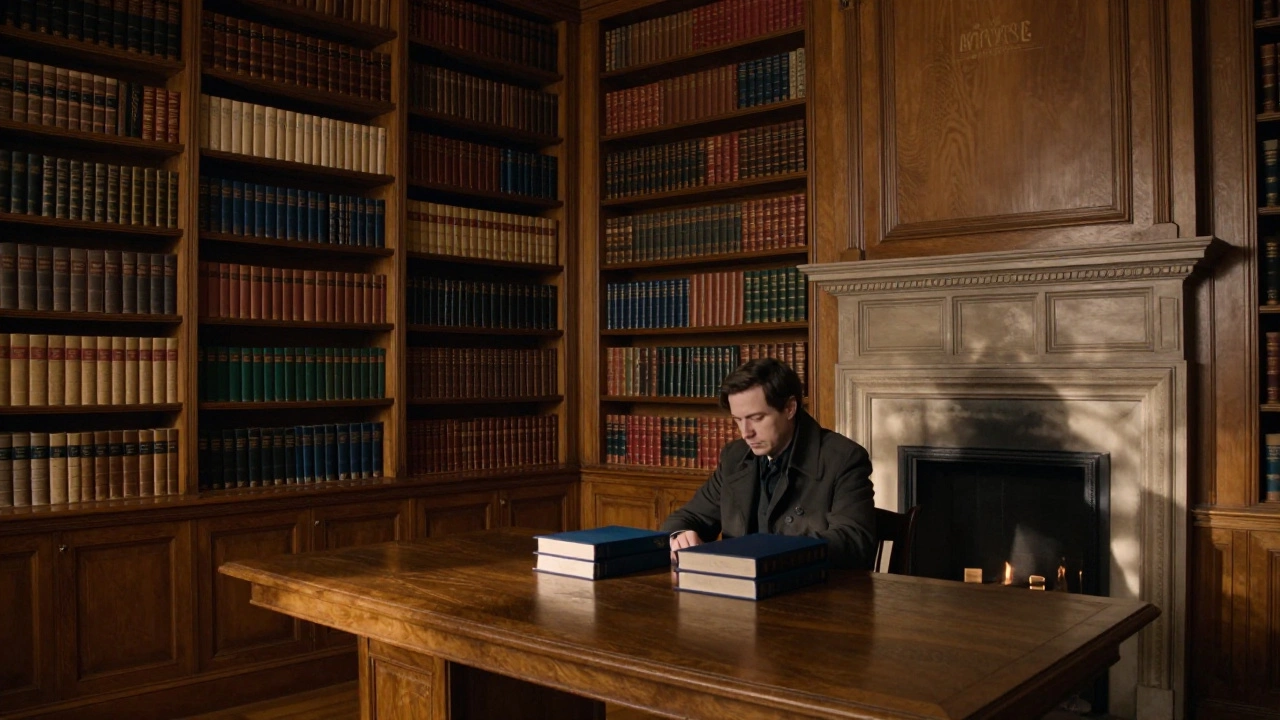 Библиотека в закрытой резиденции с человеком в темном пальто и тремя пакетами документов.