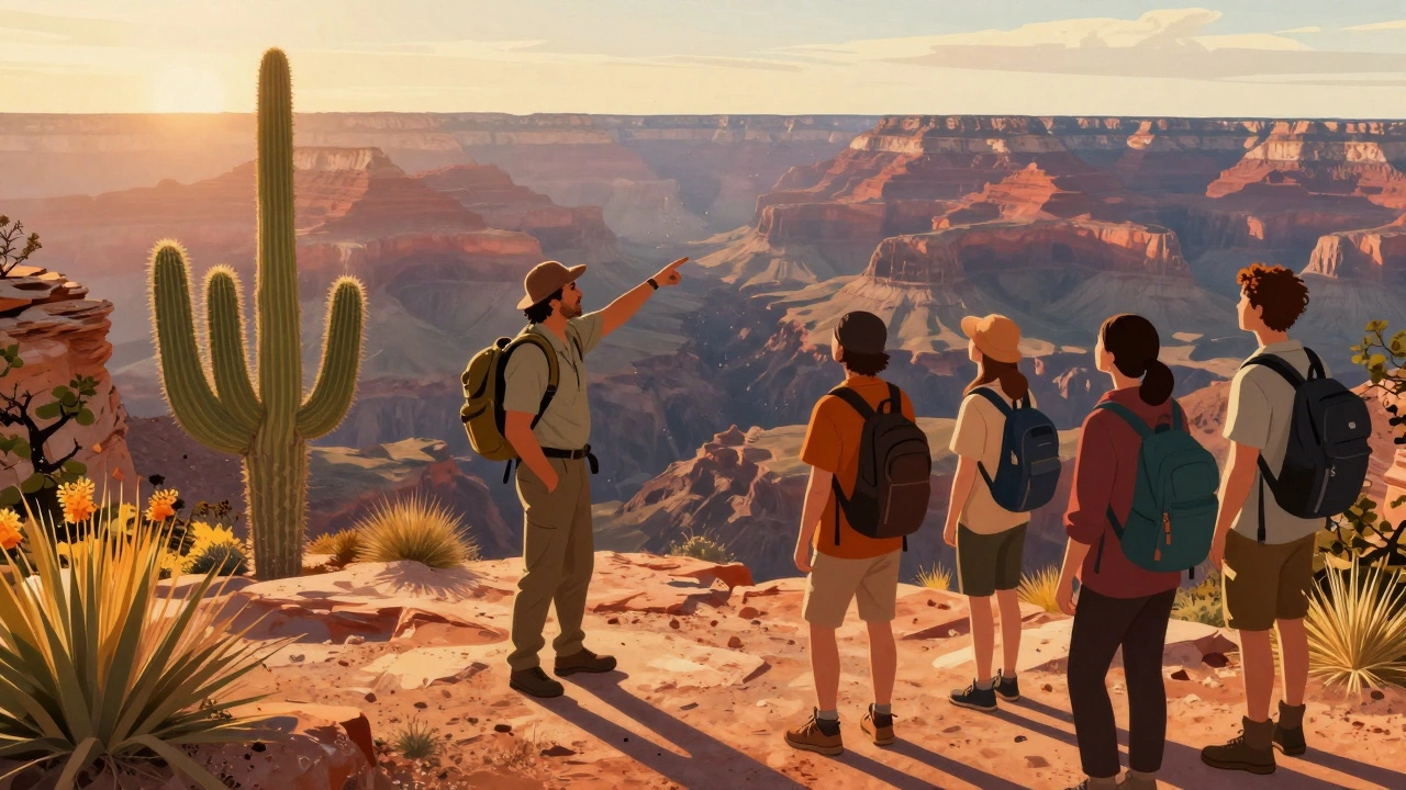 Гид показывает редкий кактус туристам в Гранд-Каньоне на закате.