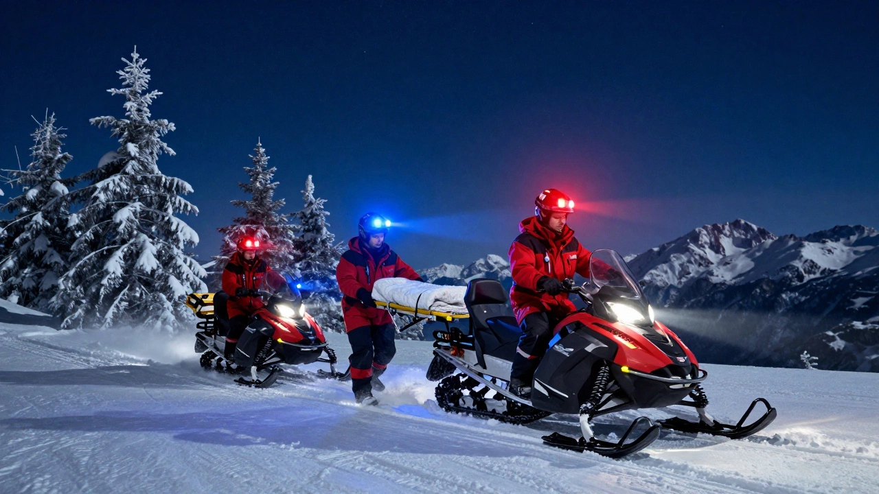 Горная спасательная бригада на снегоходе в ночном альпийском ландшафте, мигающие огни и звездное небо.