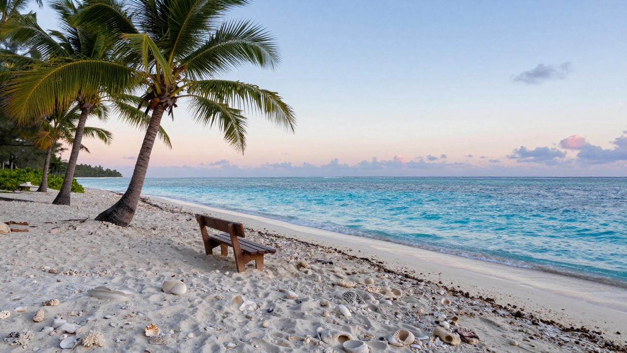 Изогнутый пляж с серебристым песком и пальмами в Французской Полинезии