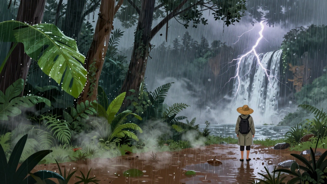 Ливень в тропиках, путешественник под зонтом, дождь на листьях и пар над землей.