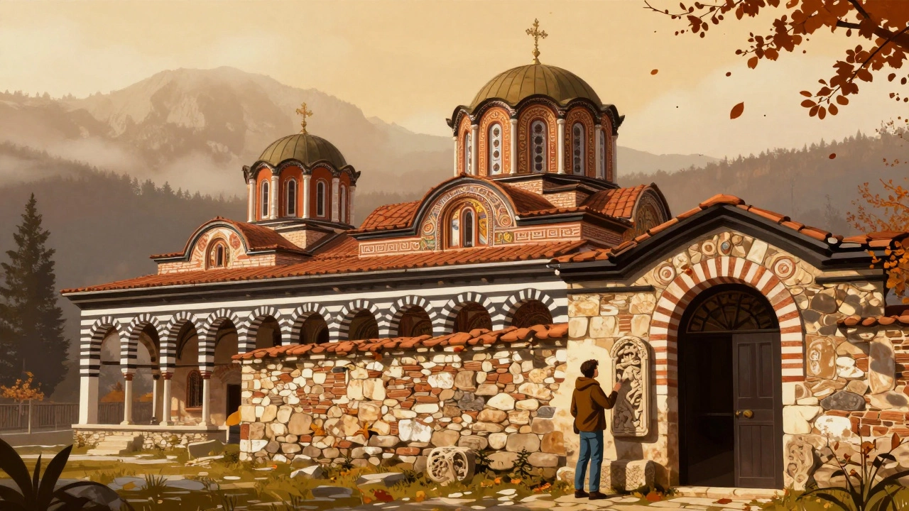 Монастырь Рила в Болгарии среди гор с фресками и осенними листьями.