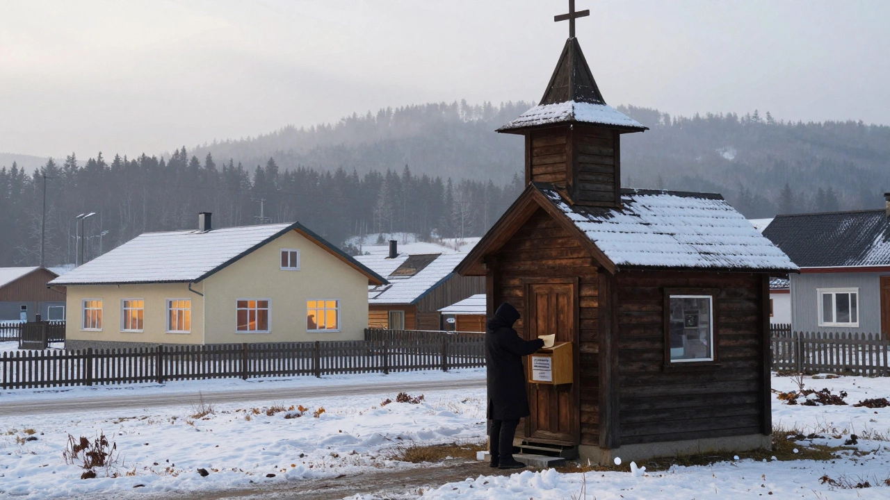 Мужчина в черном пальто кладет пожертвование в церковь у деревни под Белой Горой.