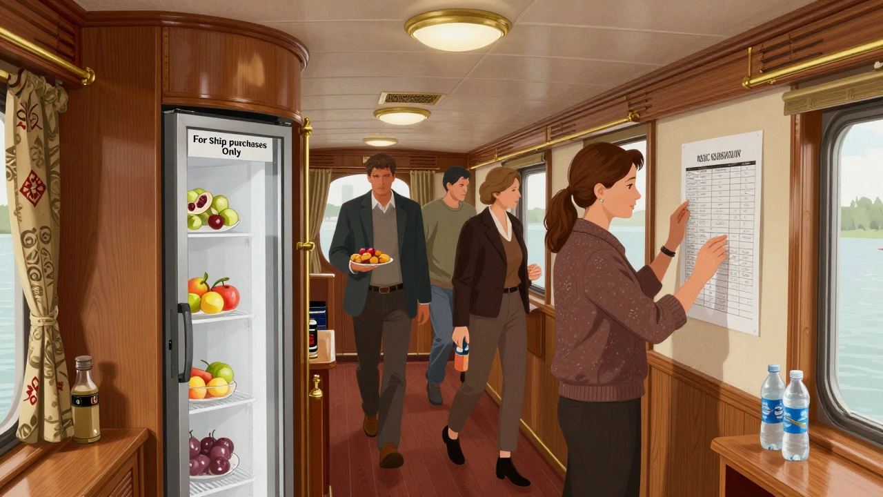 На коридоре речного теплохода пассажиры несут фрукты и воду, а общий холодильник закрыт и помечен.