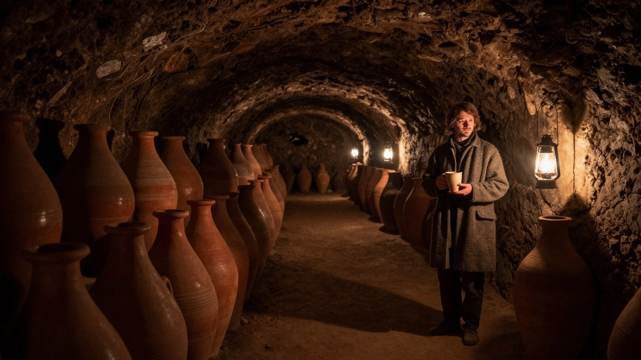 Подземные винные погреба в Молдавии с керамическими амфорами и светом фонарей.