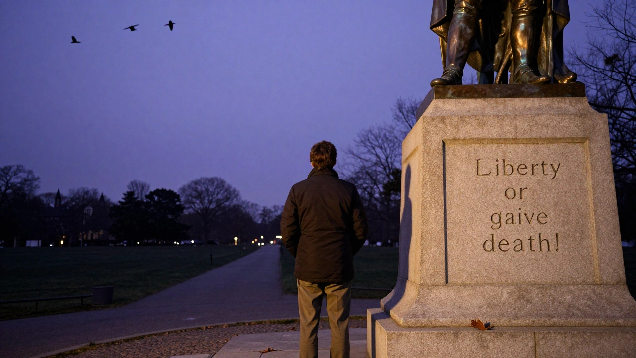 Посетитель стоит у статуи Патрика Генри на закате, глядя на надпись о свободе.