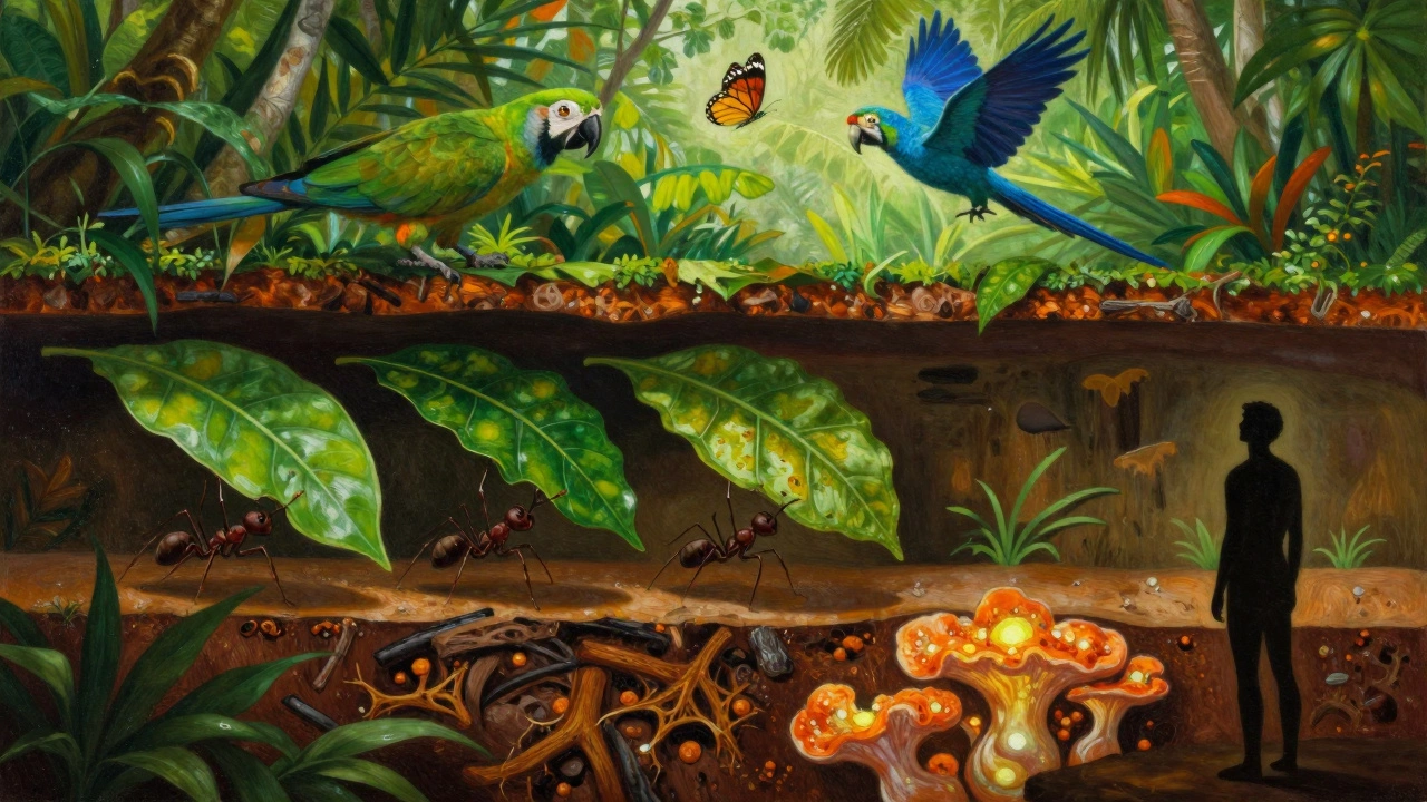 Разрез тропической экосистемы: муравьи, бабочки, грибы и человек, наблюдающий за природой.