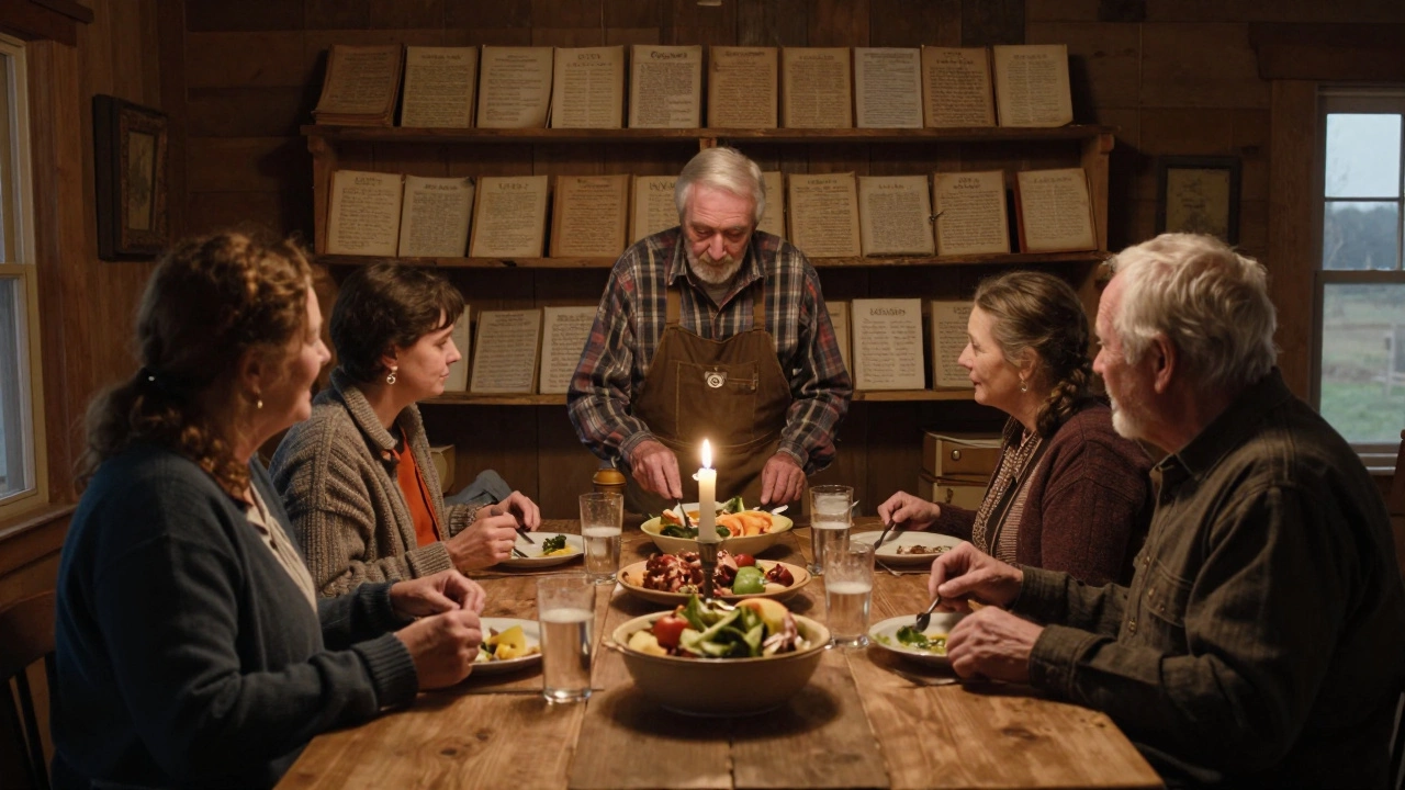 Семья ужинает с местным жителем на ферме в Вайоминге при свете свечей.