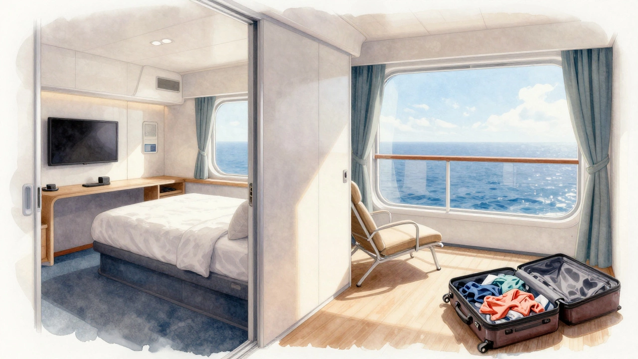 Сравнение двух типов кают на круизном лайнере: внутренняя и с балконом.