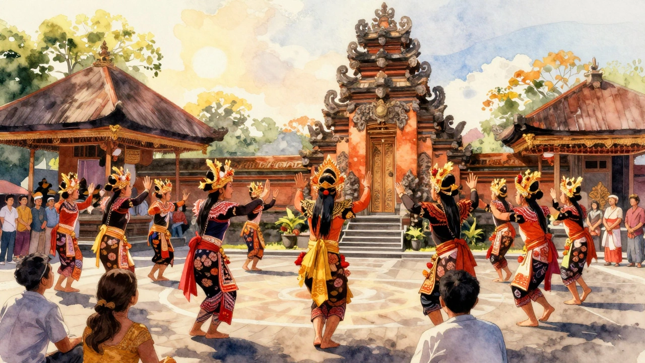 Танцоры в Бали, традиционный танец в храме, золотой закат.