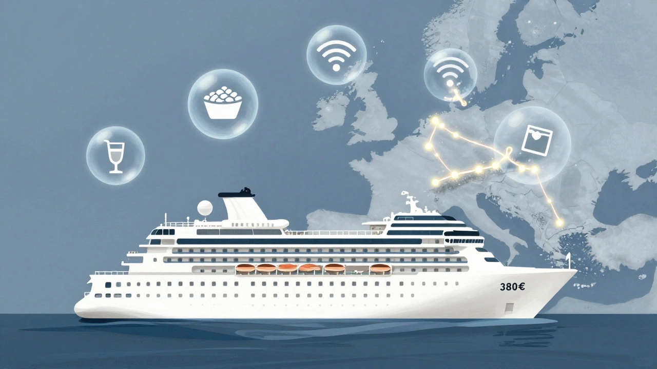 Визуализация стоимости круиза: базовые услуги как корпус корабля, дополнительные — как пузыри.