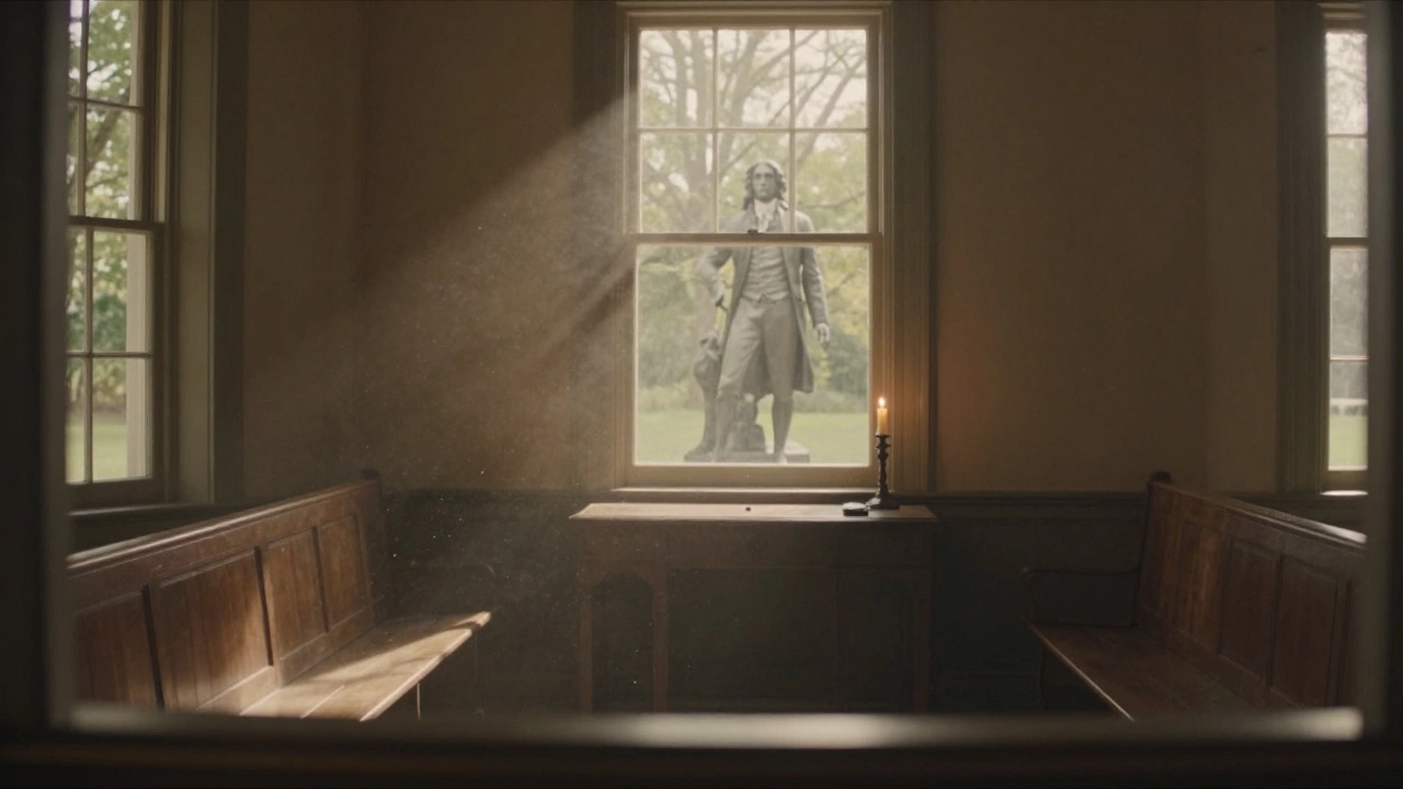 Внутренний вид колониального зала заседаний с видом на статую Патрика Генри за окном.