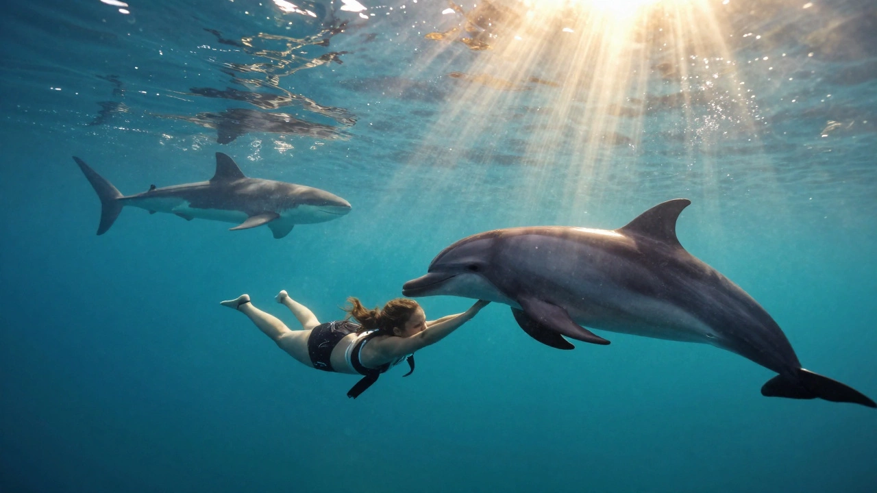 Дельфин помогает без сознания пловцу, отталкивая акулу в океане.