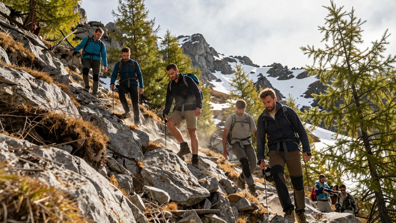 Группа туристов поднимается по скалистому пути