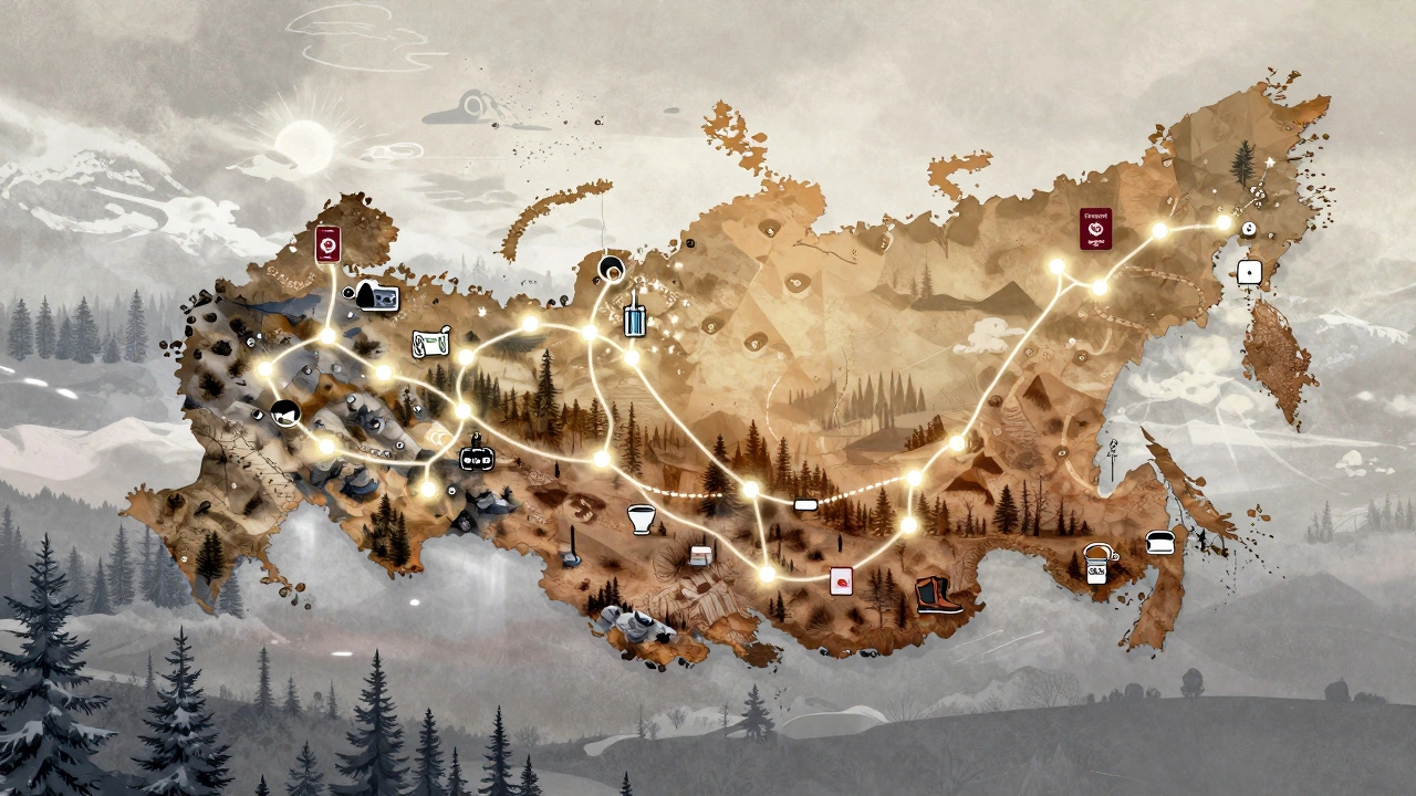 Карта России с маршрутами поездов и символами путешествий: термос, деньги, SIM-карта и обувь.