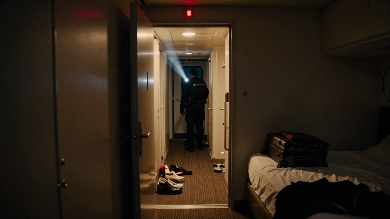Открытая дверь каюты ночью, в коридоре мелькает фонарь охранника.