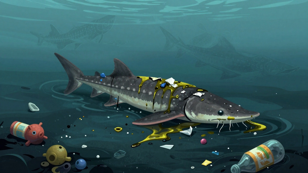 Подводная сцена: осетр, покрытый нефтью и пластиком, среди плавающего мусора, с тенями исчезающих видов.
