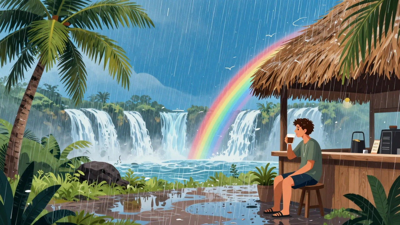Путешественник пьет кофе под навесом, пока льет тропический ливень, виднеется радуга за деревьями.
