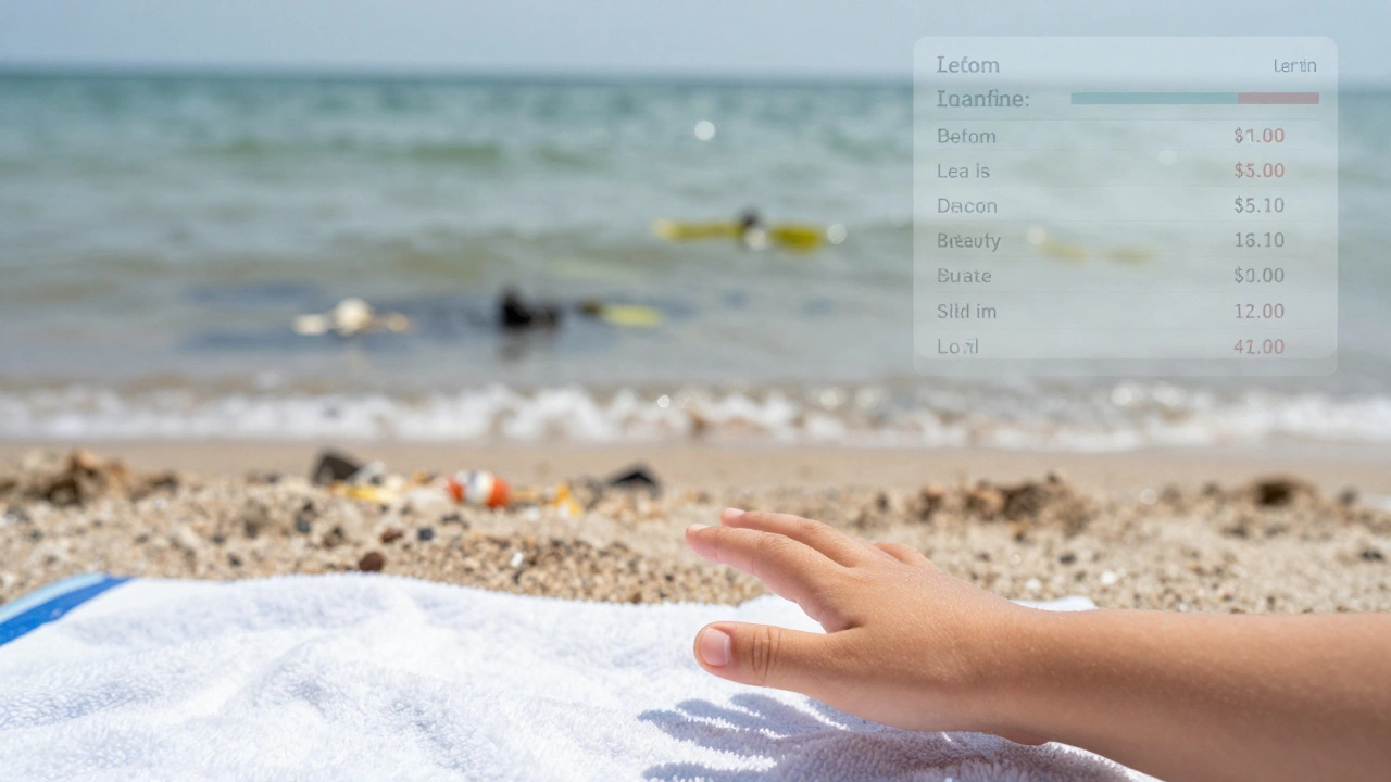 Ребёнок тянется к чистому пляжу, а позади — загрязнённое Каспийское море с нефтяными разливами и медицинскими данными.