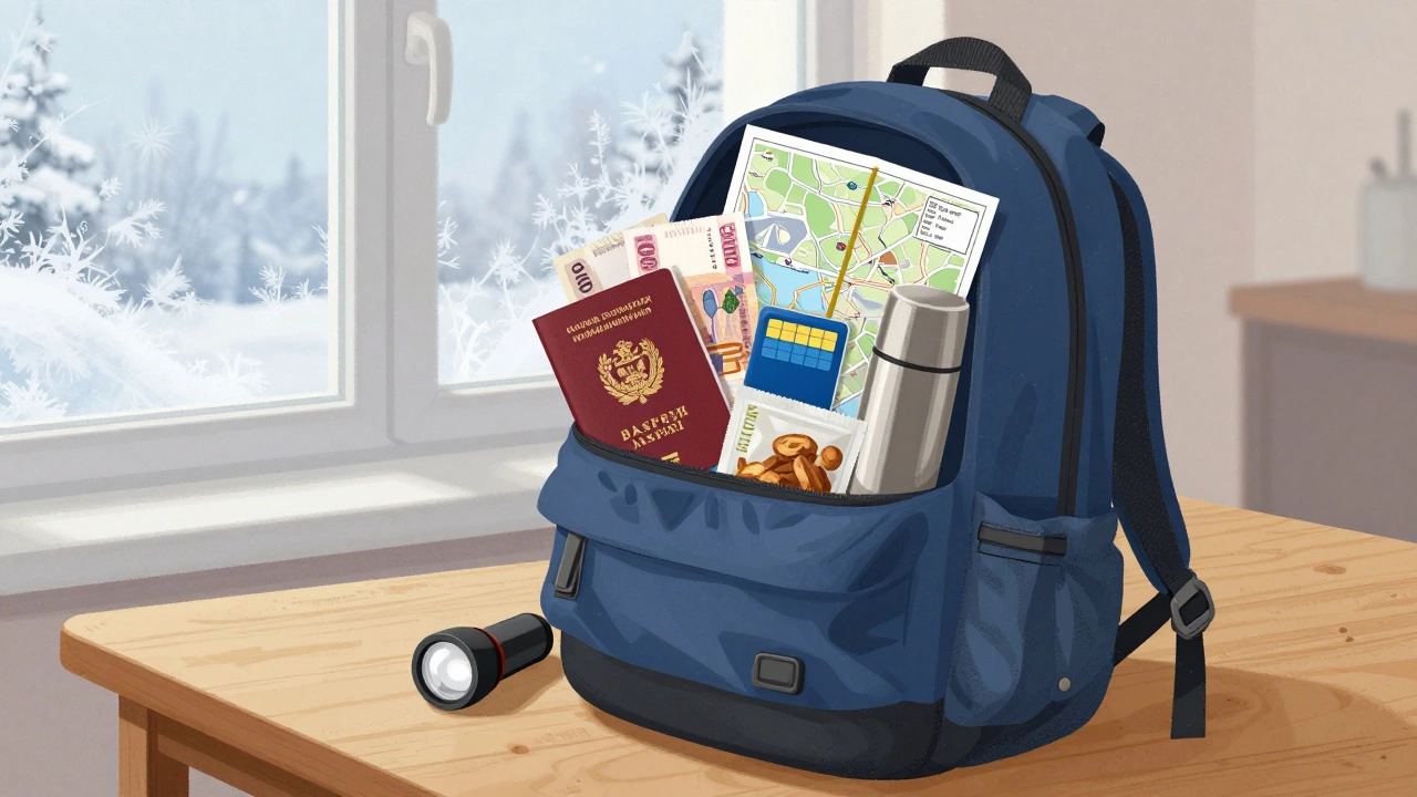 Рюкзак с essentials для путешествий по России: паспорт, наличные, SIM-карта, термос и тёплая одежда.