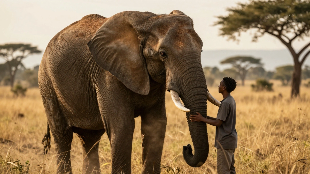 Слон обнимает человека хоботом, вспоминая его после 12 лет.