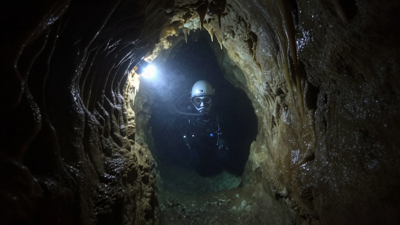 Темная пещера в Крыму, одинокий человек с фонариком в узком проходе, капли воды, холодный туман.