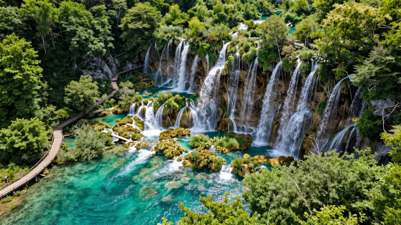 Воздушная съемка бирюзовых озер Плитвице с водопадами среди зеленого леса.