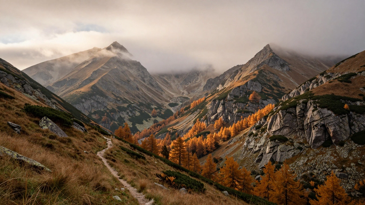Золотая осень в горах Высоких Татр с туманными вершинами и хвойными лесами.