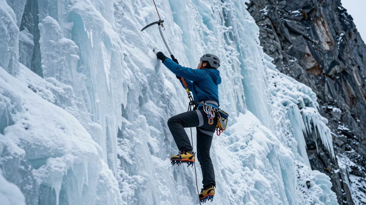 Альпинист в специальном снаряжении поднимается по ледяному склону горы