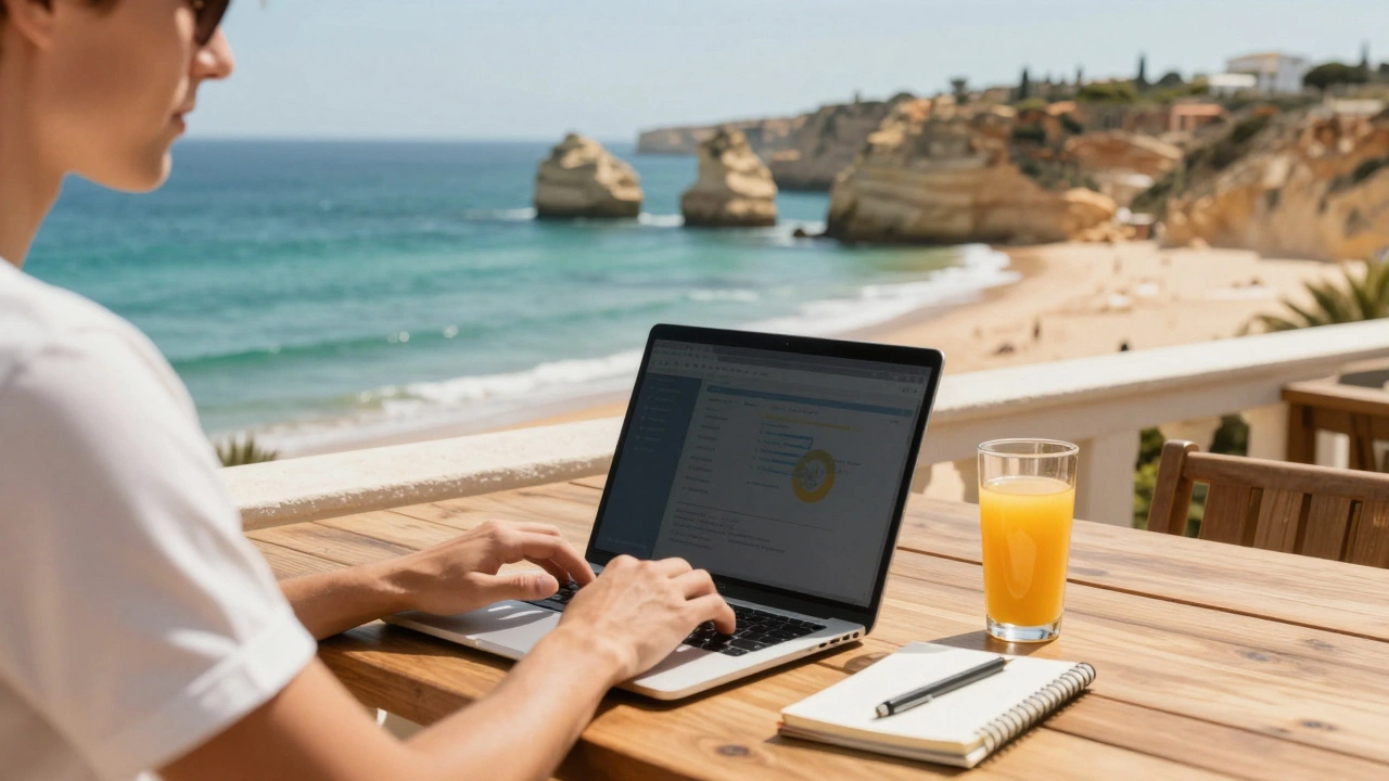 Цифровой кочевник работает на террасе с видом на побережье Португалии