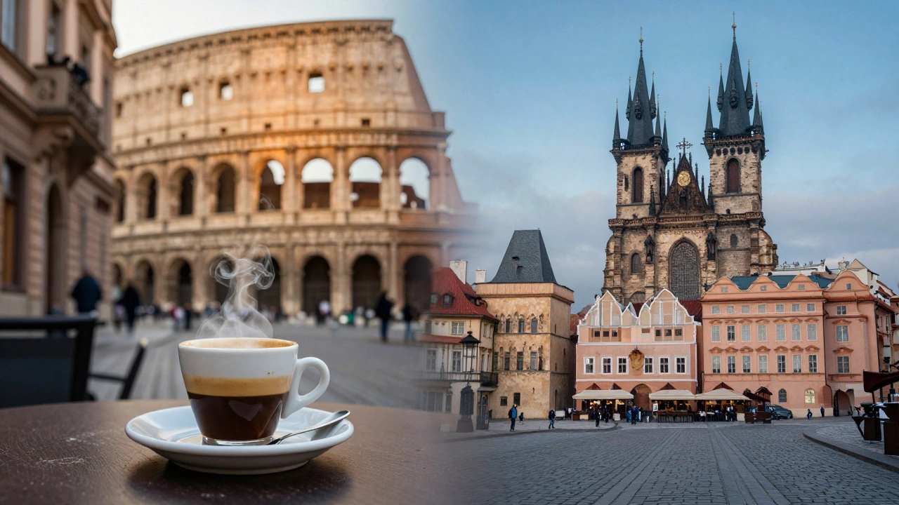 Коллаж с видами солнечного Рима и готической архитектуры Праги