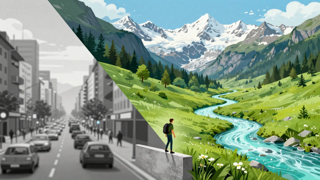 Контраст между серым городом и ярким горным пейзажем с чистым ручьем