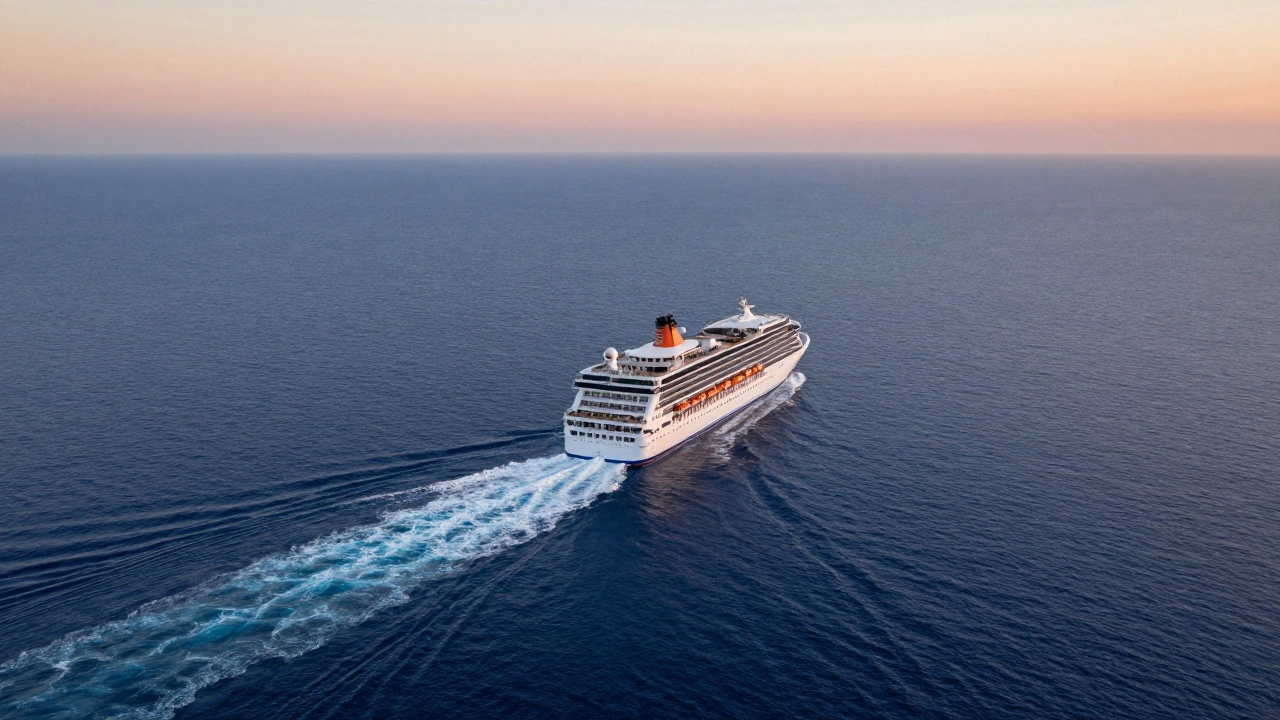 Круизный лайнер, плывущий по бескрайнему океану на рассвете