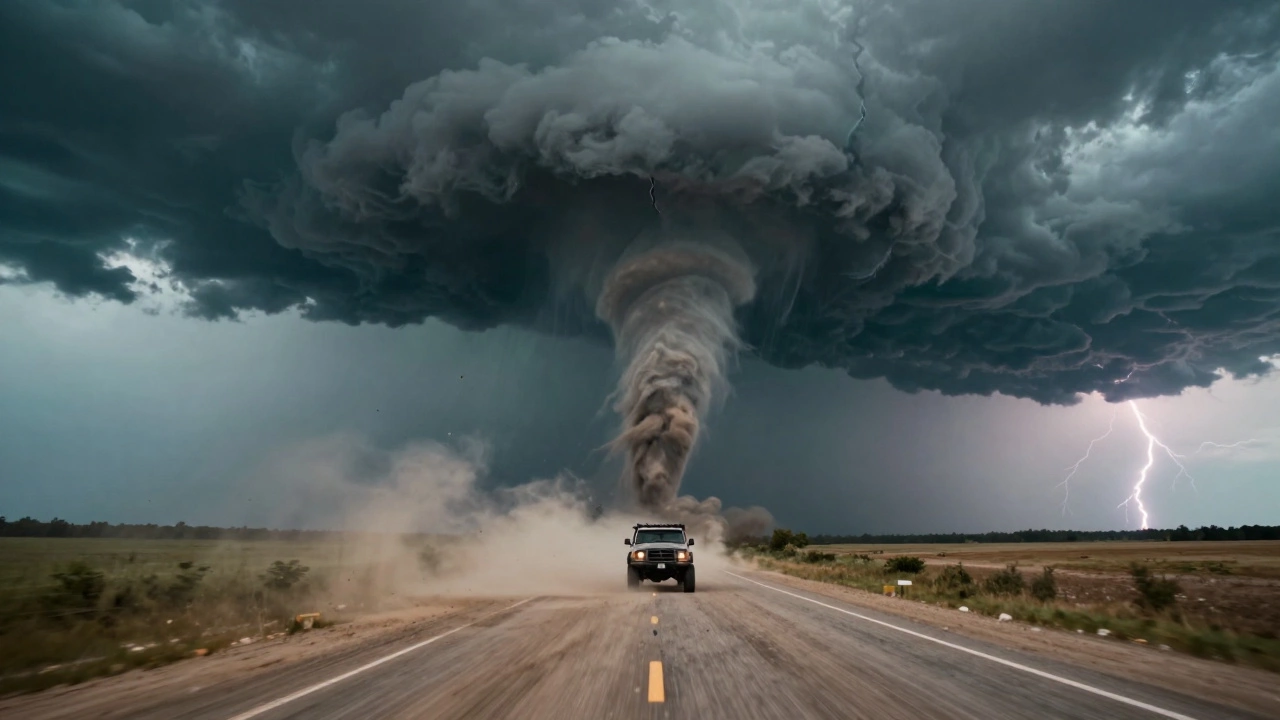 Машина охотников за торнадо перед гигантским смерчем